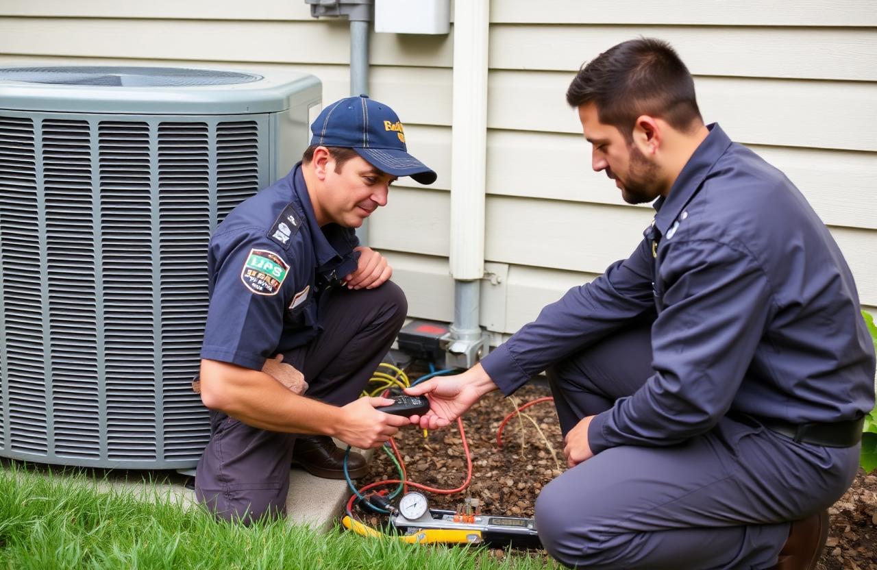 HVAC technician servicing an outdoor air conditioner condenser unit.