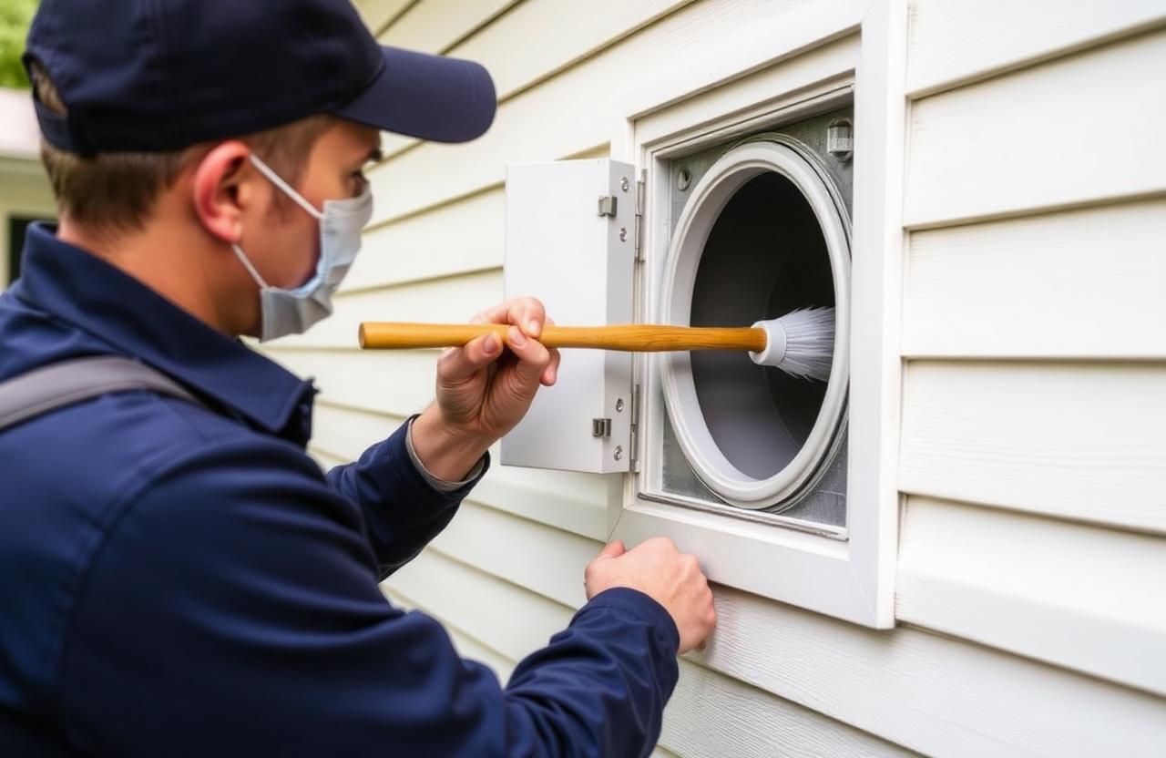 Technician cleaning a residential dryer vent from outside the home.