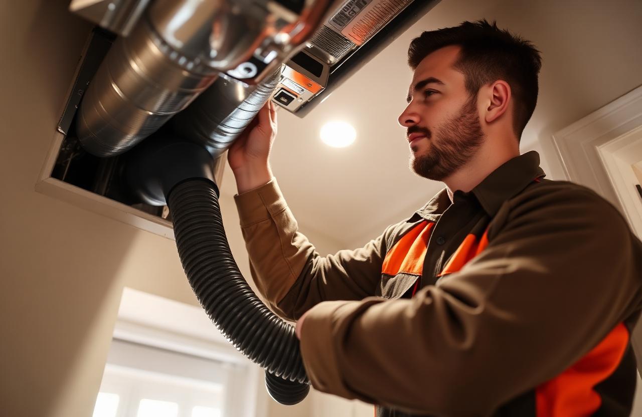 HVAC technician cleaning a residential air duct with a vacuum hose.