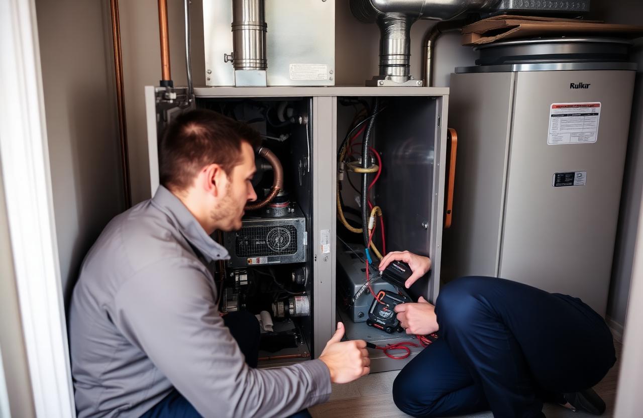 HVAC technician servicing a residential gas furnace.
